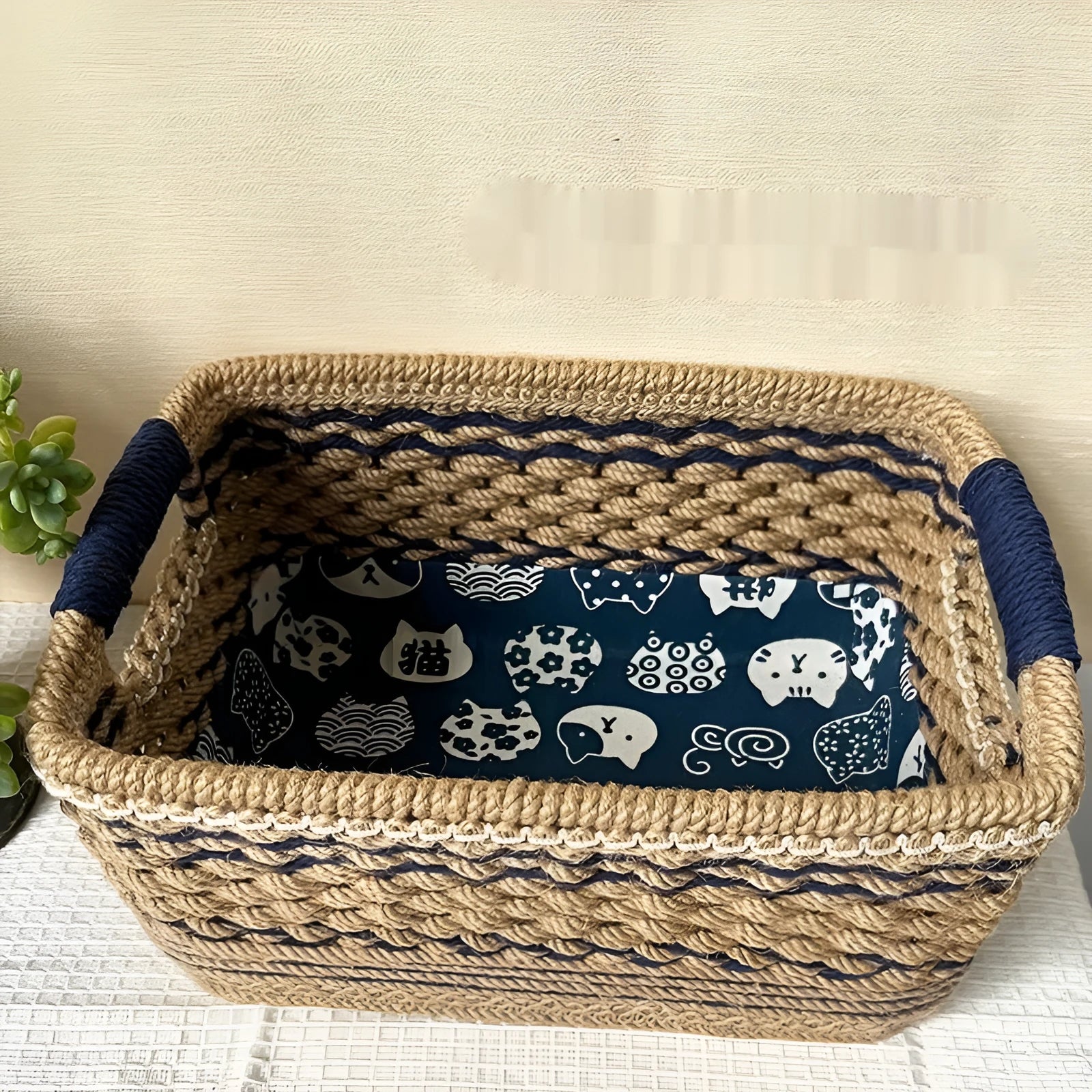Brown hand-woven rattan rectangular desktop storage basket for snacks and sundries