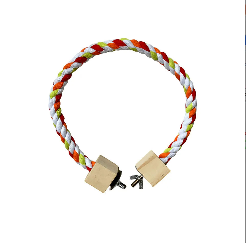 Parrot climbing rope toy with wooden rings in 30cm size, natural wood and rope construction, dark floral pattern