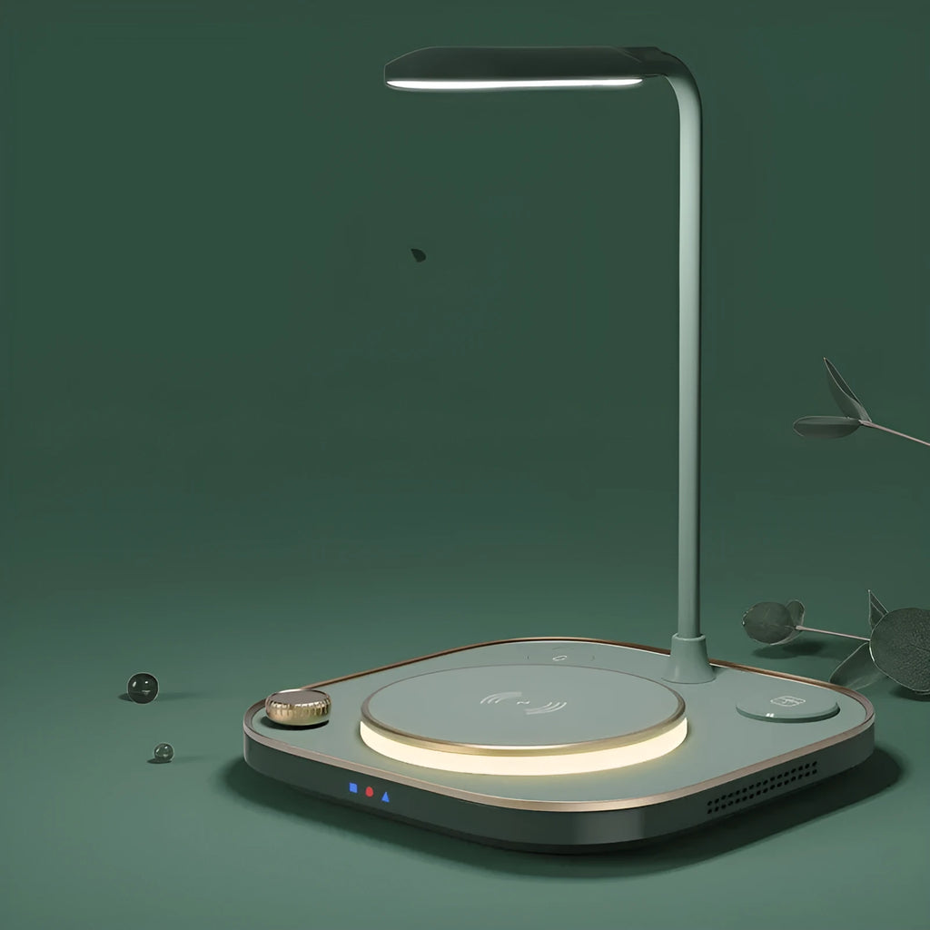 Wireless magnetic charging station with integrated desk lamp in black, green or white colours