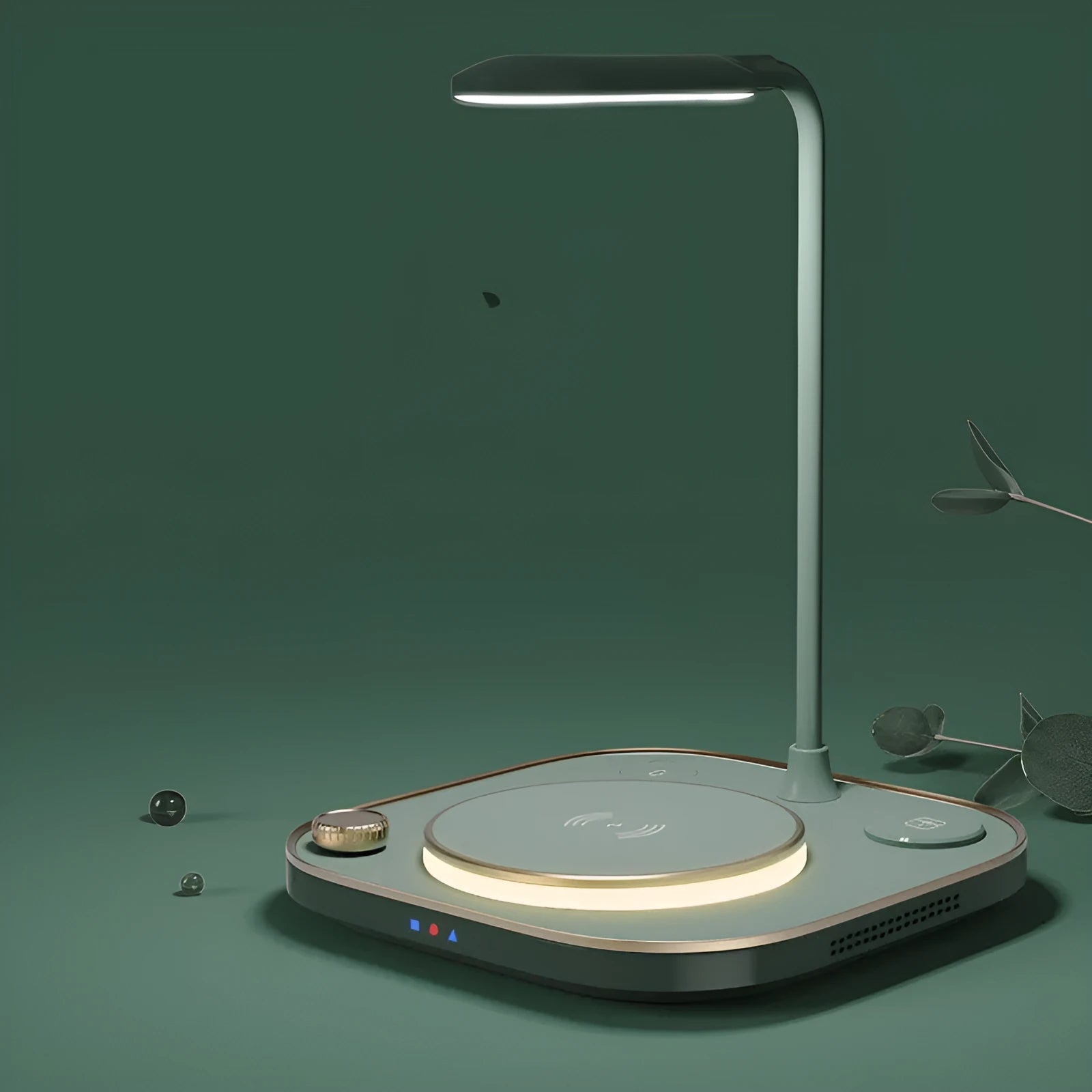 Wireless magnetic charging station with integrated desk lamp in black, green or white colours