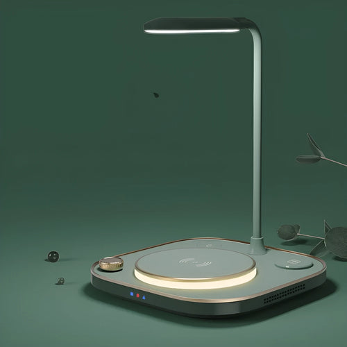 Alpharan three-in-one wireless magnetic charger desk lamp with 15W fast charging in black, showing a phone on the charging base and the lamp on