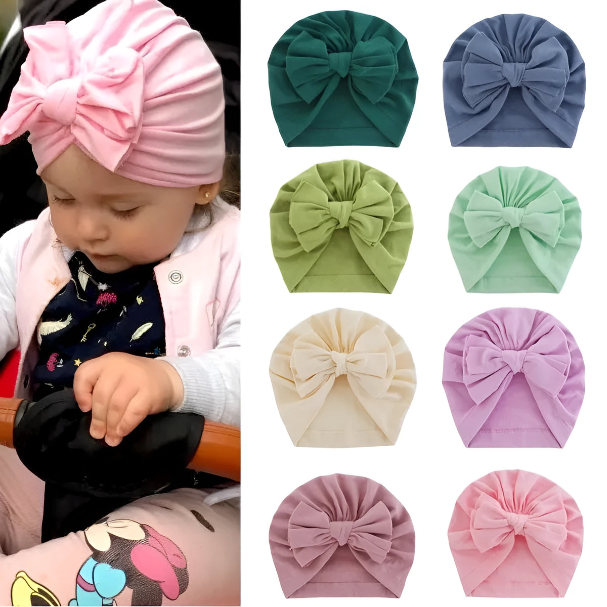 Baby hooded hat with bowknot wrapped turban in solid colour soft cloth polyester blend for 0-1 years old
