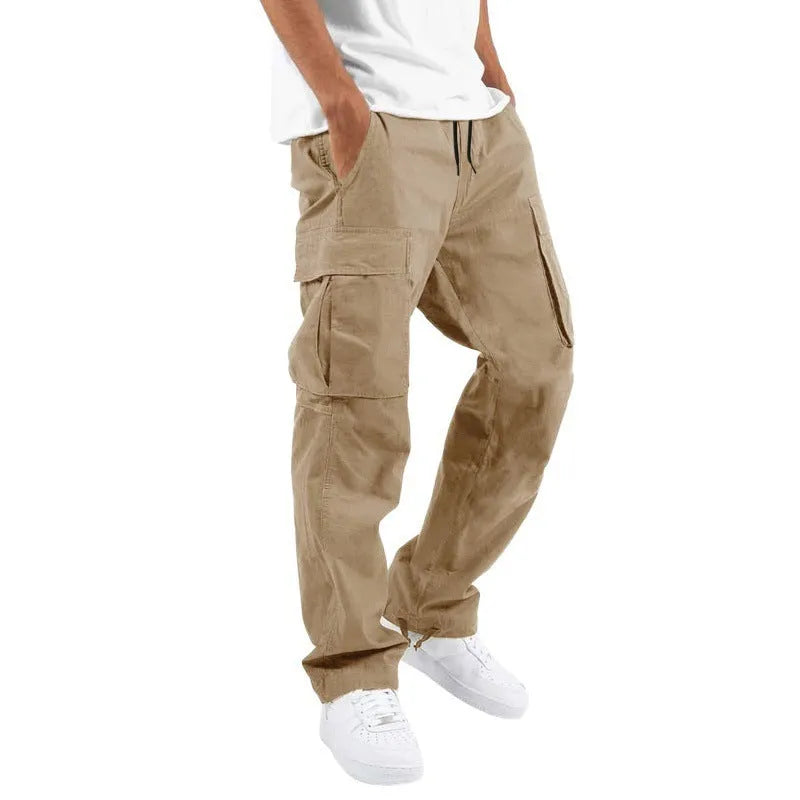 Trade drawstring multi-pocket casual trousers in black cotton blend, loose fit work clothes