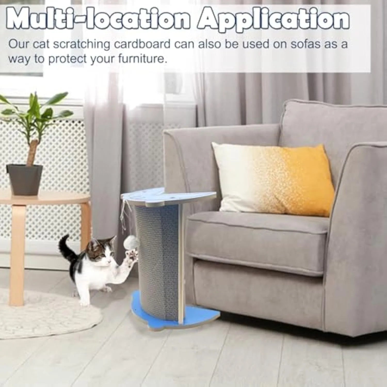 Cat corner scratching pad with hanging ball in room corner for furniture protection