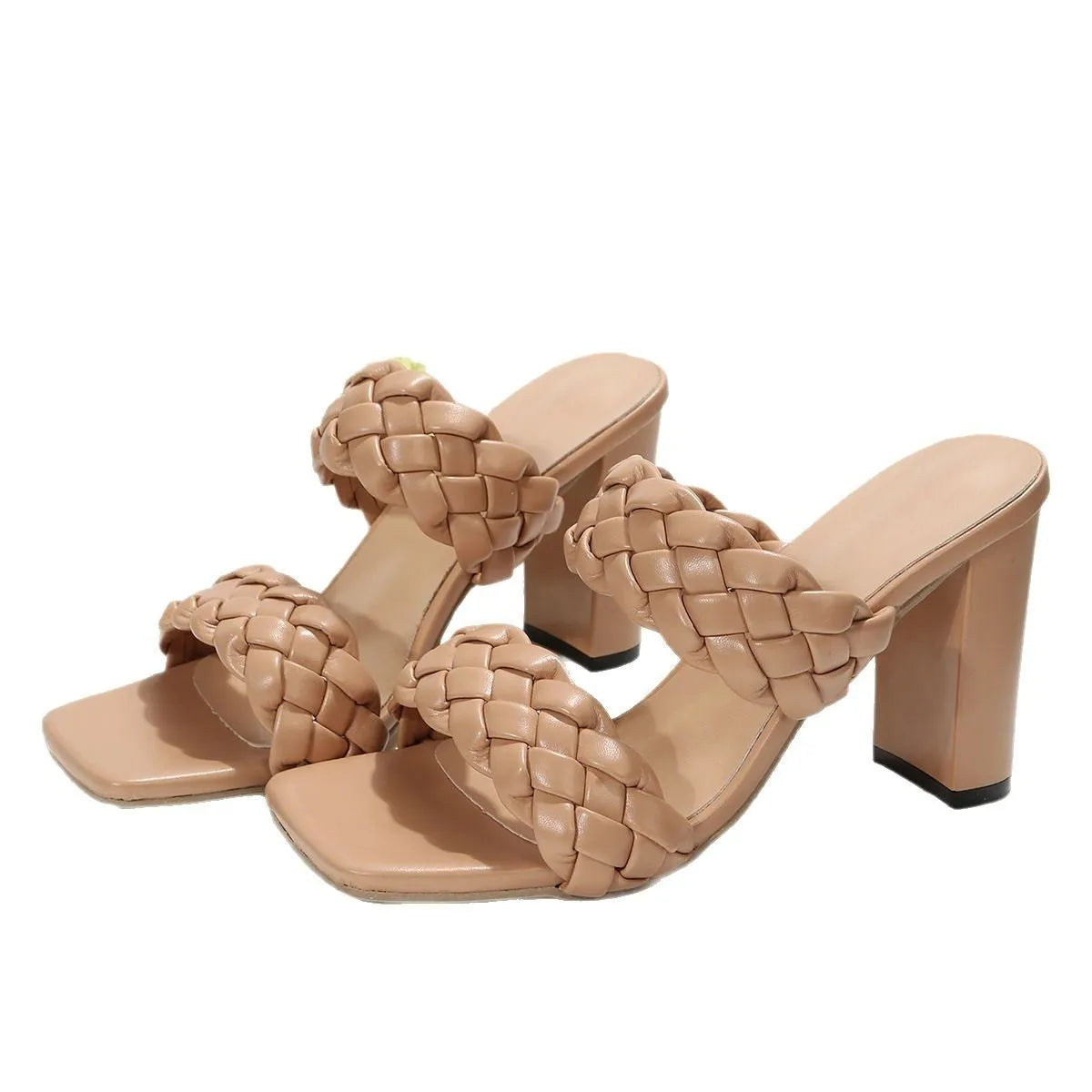 Square toe flip-flops with chunky heel and woven twisted strap in apricot colour