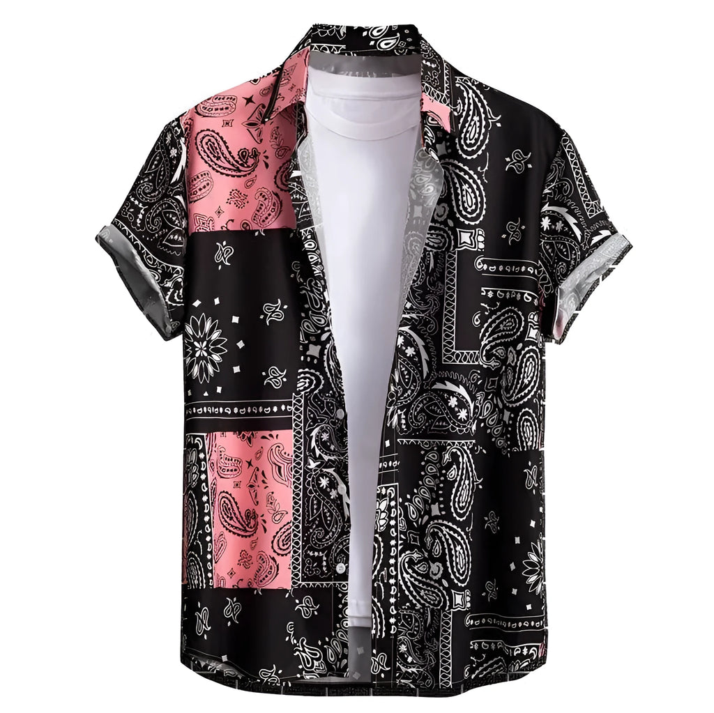 Men's slim fit short sleeve Hawaiian shirt with a digital print pattern on polyester fabric.