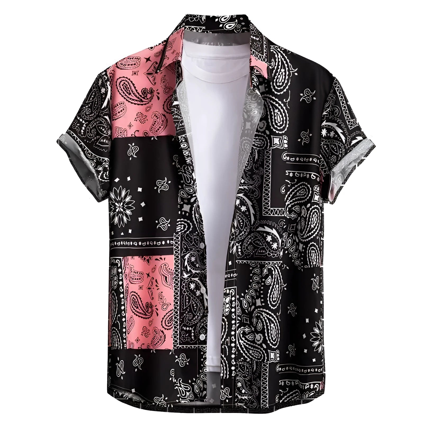 Men's slim fit short sleeve Hawaiian shirt with a digital print pattern on polyester fabric.