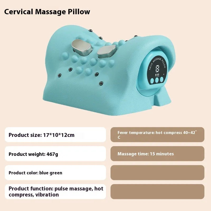 Blue-green cervical massage pillow with EMS pulse and hot compress functions