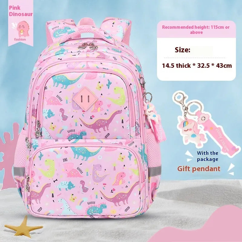 Blue dinosaur pattern children's waterproof school backpack with curved shoulder straps.