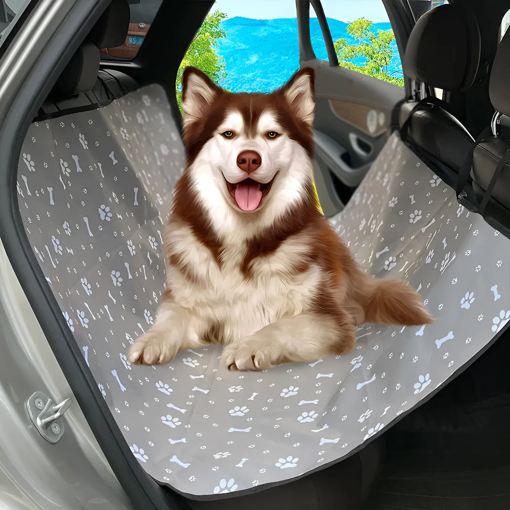 Water-resistant cloth car pet mat for rear seats, shown in multiple colour and print options for dogs.