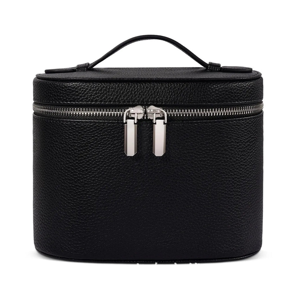 Removable elastic band cosmetic bag in retro tone PU, black colour, for travel and home storage