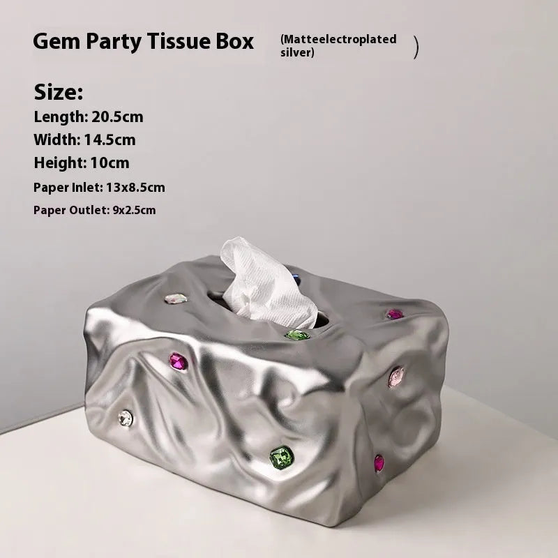 Ceramic tissue box with gem party design in matte coconut milk white or silver electroplated colour