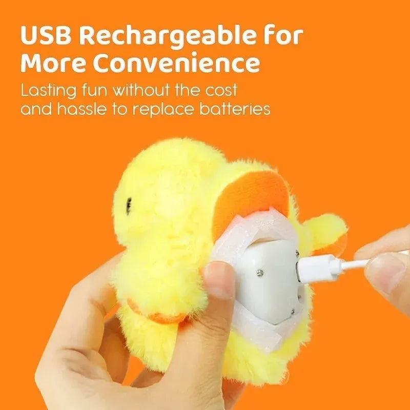 Yellow flapping duck interactive cat toy with motion sensor on a plain background.
