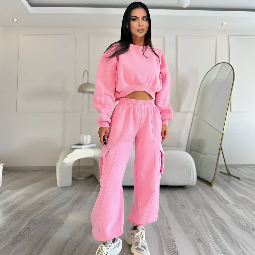 Women's two-piece sweatshirt and sweatpants set with pockets, high waist, loose fit, available in five colours