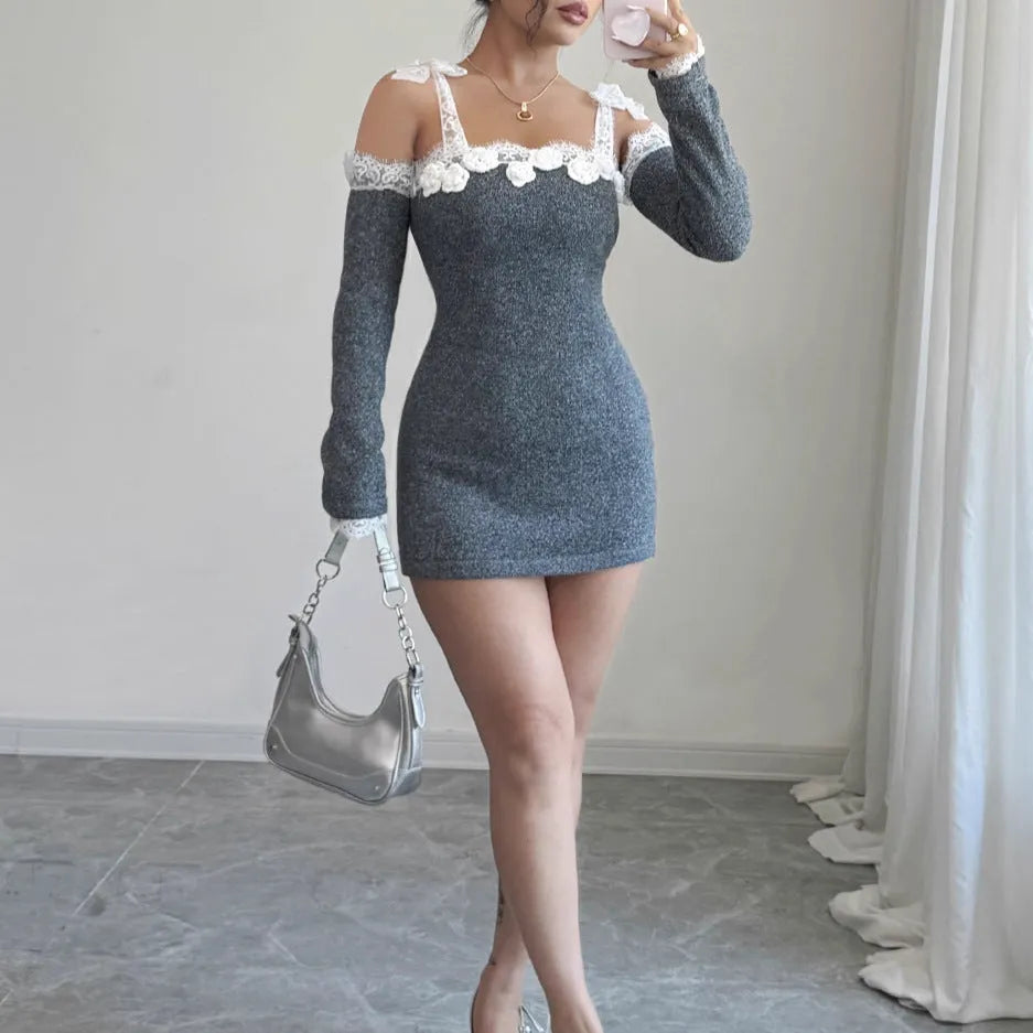 Lace off-shoulder knitted dress in gray with separated oversleeves and crochet stitching, front view