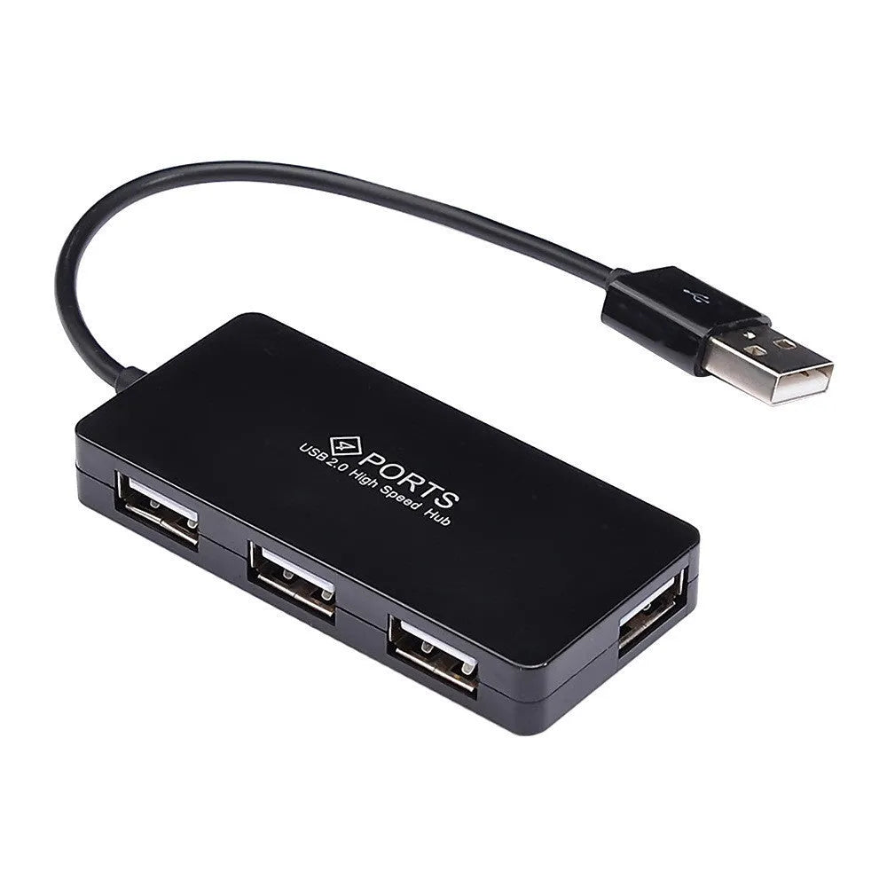 Black 4-port USB hub with 14.5cm cable and compact rectangular casing