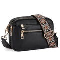 Triple-zipper shoulder bag with floral embroidered straps in colourblock finish for women