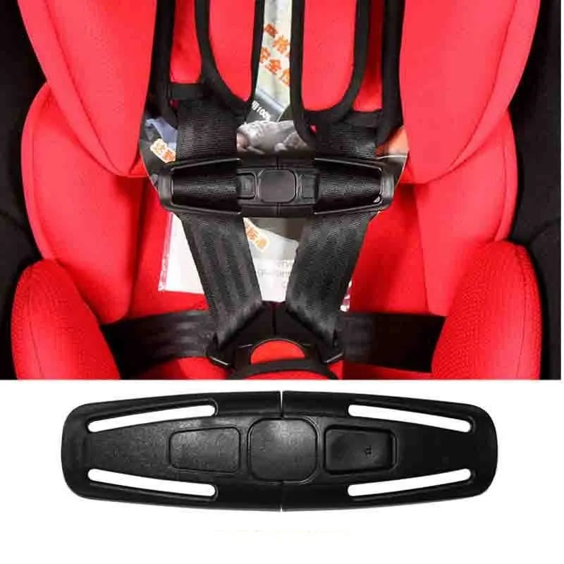 Black nylon seat belt buckle clip for child car seat harness measuring 14.5cm by 4cm
