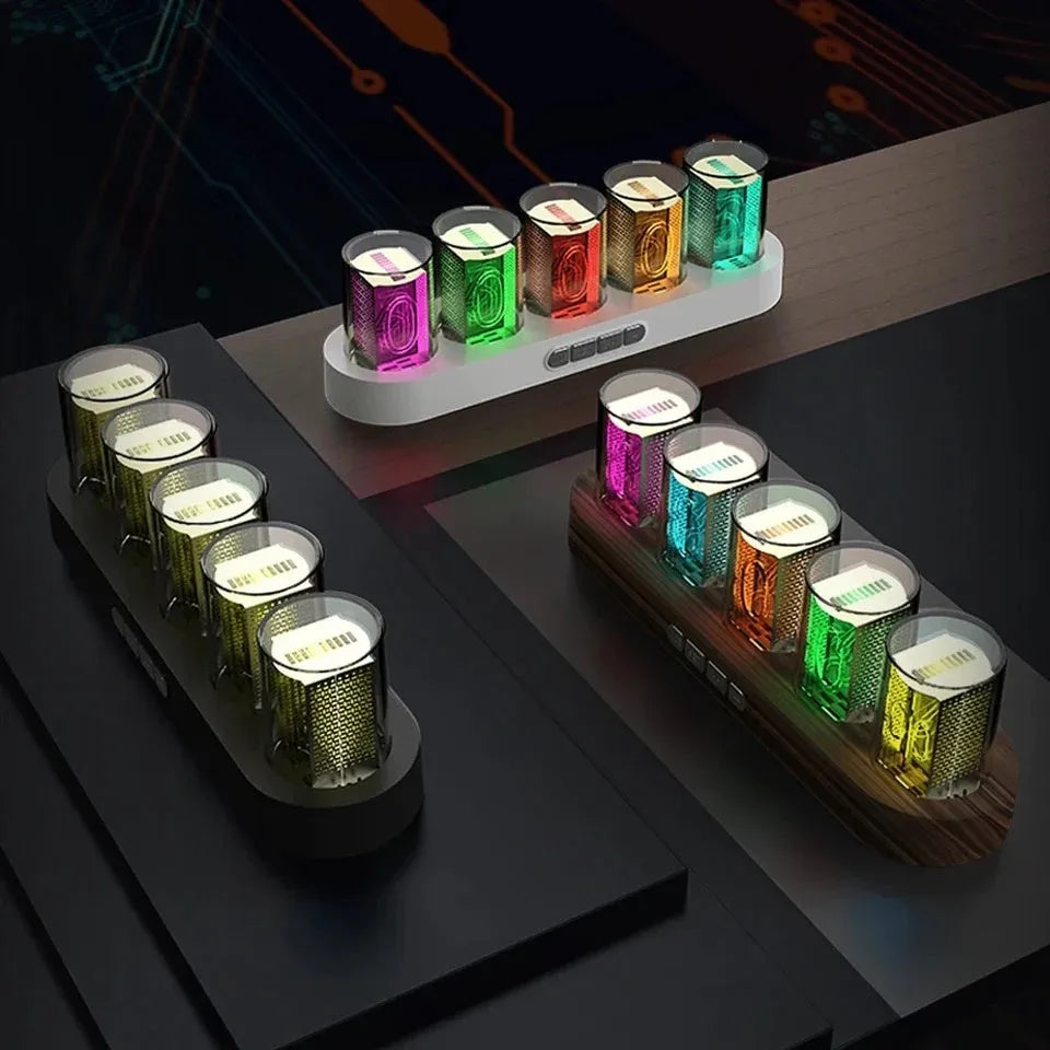 RGB Luminotron digital desktop clock with LED colour display in black, white or wood grain finish