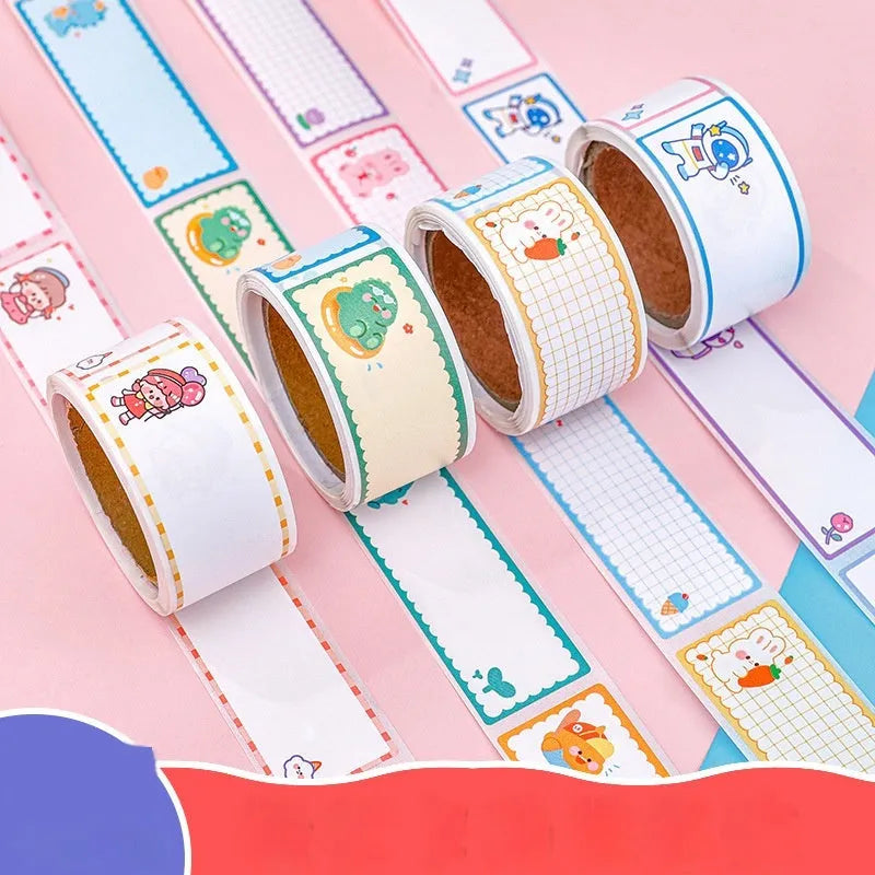 Roll of cartoon-themed adhesive name tape stickers showing dinosaur, astronaut, rabbit, and girl designs.