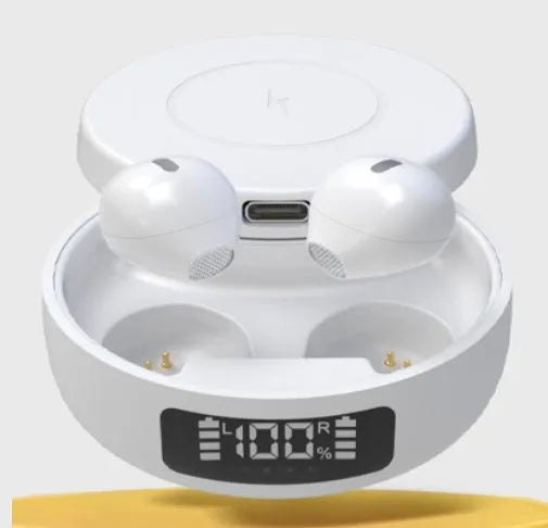 Wireless Bluetooth earbuds in semi-in-ear style with charging case, available in Black, Skin, and White colours