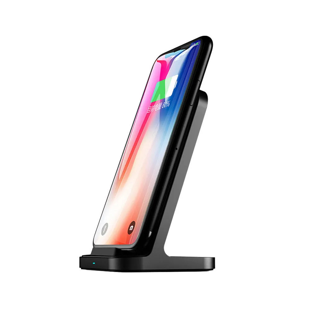 Dark grey vertical wireless charger desktop base for Apple smartphones measuring 70 x 70 x 113 mm