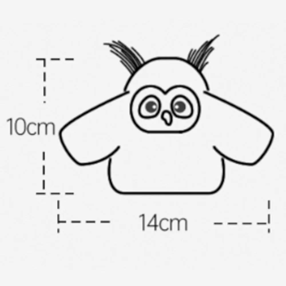 Grey automatic chirping owl cat toy with flapping wings on a floor.