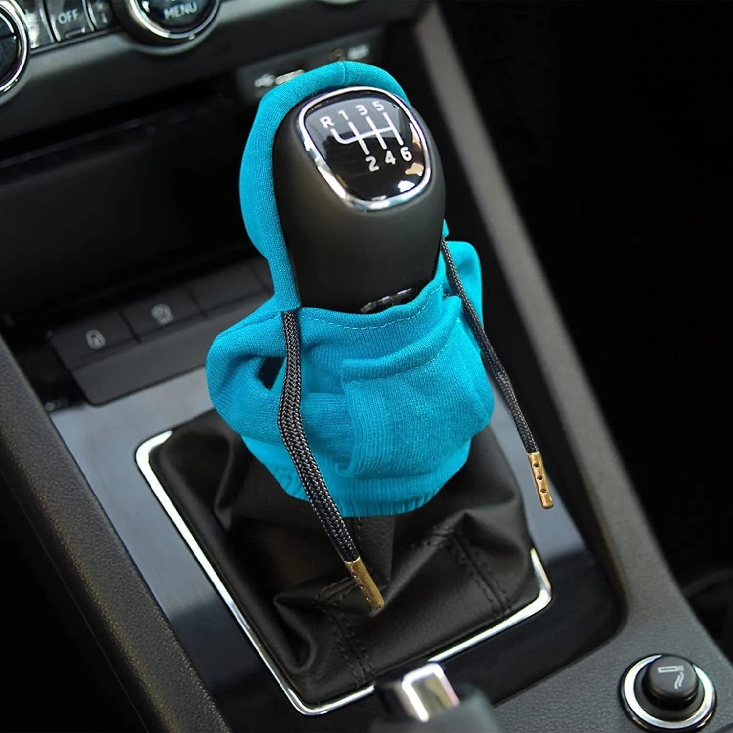 Gear shift knob hoodie cover in cloth material with sewing construction, shown in various colours