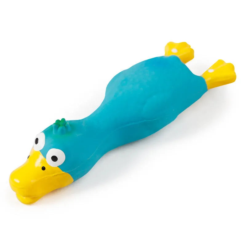 Red latex duck pet sound toy on white background, approximately 15cm long