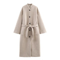 Long belted coat for women in brown or khaki with regular fit, long sleeves and pockets