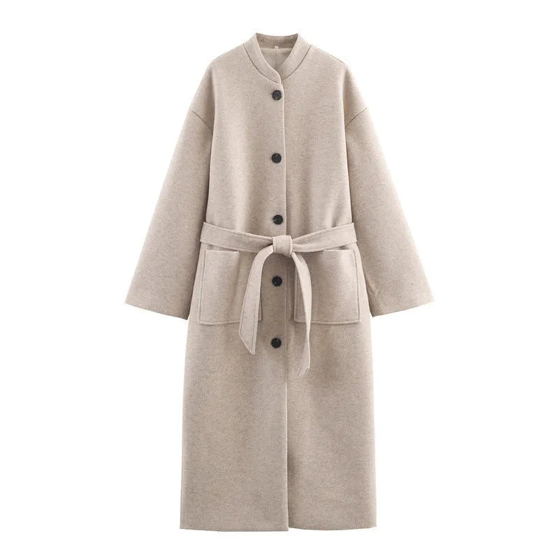 Long belted coat for women in brown or khaki with regular fit, long sleeves and pockets