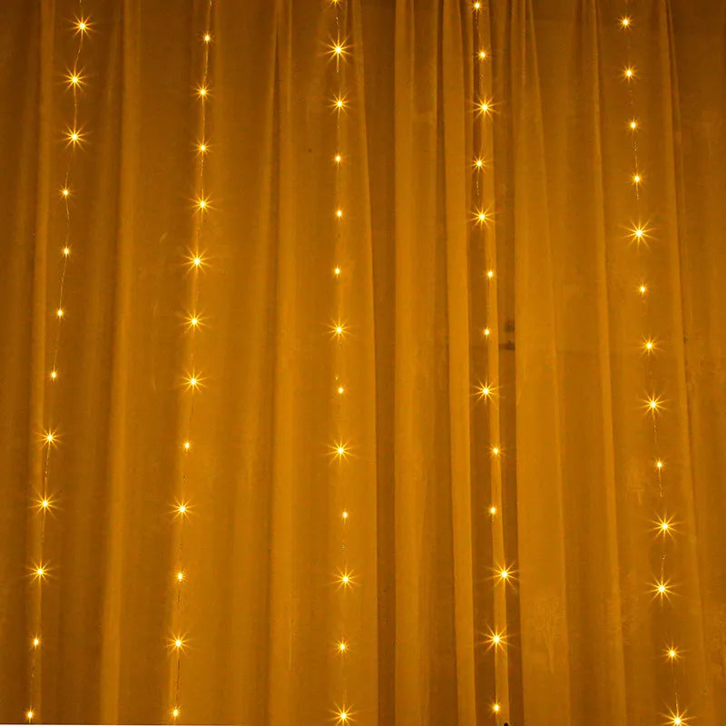 Copper wire curtain LED string lights in blue, purple, warm white, or white, with USB plug for power.