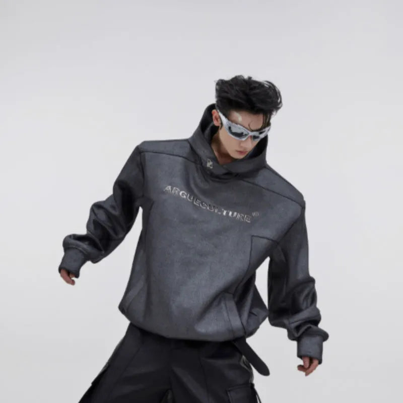 Men's grey loose fit hooded sweater with metal 3D printed design on shoulders