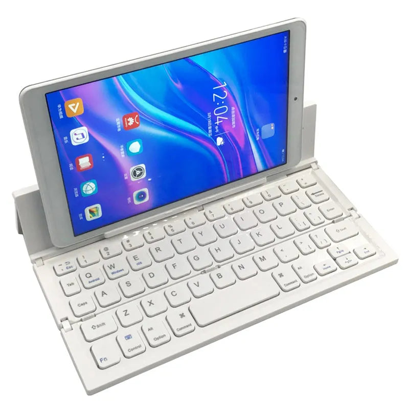 Black folding wireless Bluetooth keyboard for tablets with numeric keypad shown open and closed