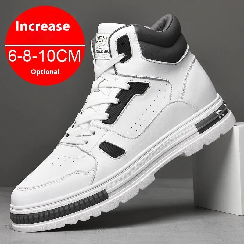 Men's mid-top Martin boots with height increasing insole, two-layer cowhide upper, black and white options