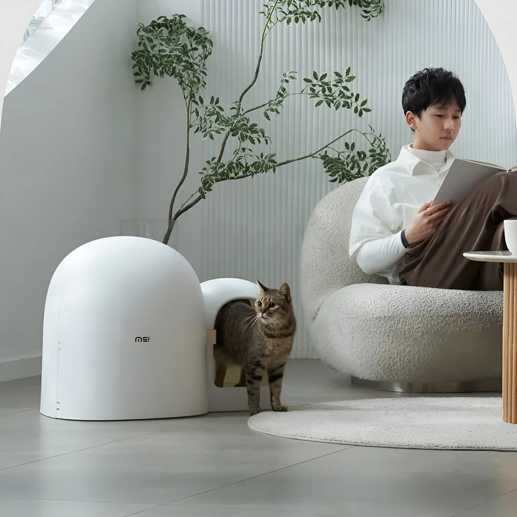 Oversized enclosed cat litter box measuring 67.7cm × 49cm × 50cm in ABS plastic available in three colours