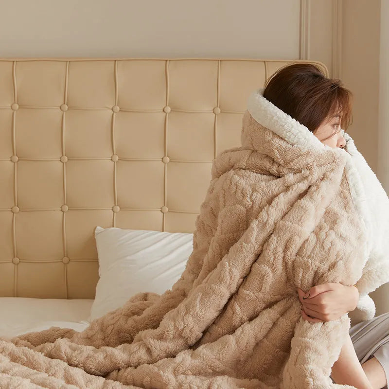 Polyester thermal flannel blanket in beige colour, shown in a 180x200cm size for winter use
