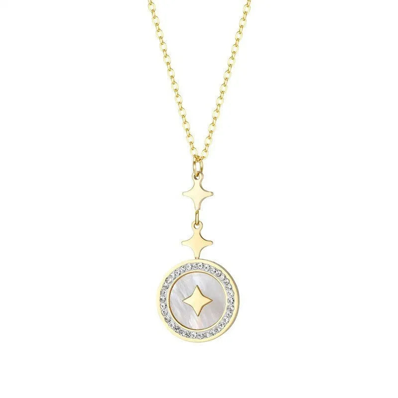 Gold hexagonal star pendant on a titanium steel chain necklace for women with an extender.