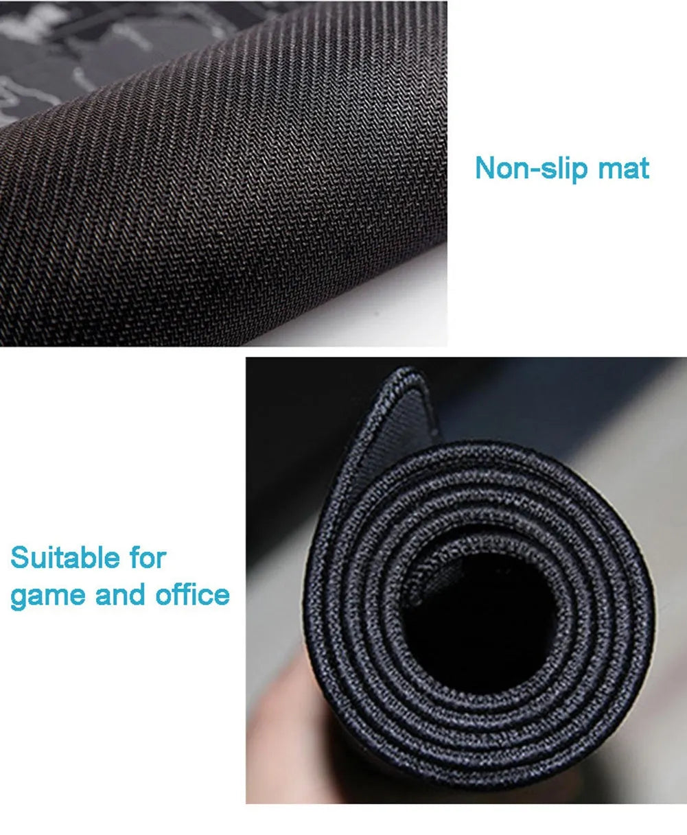 Custom cartoon design extended desk mat for keyboard and mouse on a wooden desk.