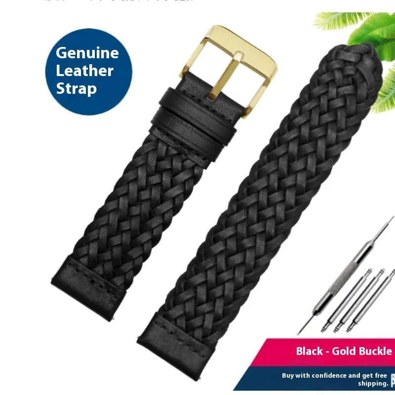 Hand woven genuine leather watch strap with alloy pin buckle, 20mm width, black with silver buckle