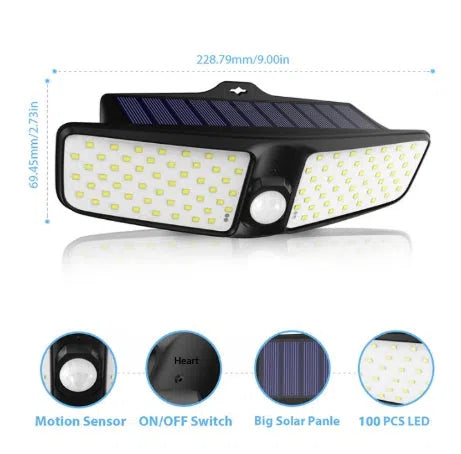 Outdoor solar wall lamp with 100 LEDs, IP65 waterproof, black housing mounted on brick wall