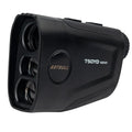 Golf laser rangefinder with LCD display showing distance measurement, USB Type-C charging port visible.