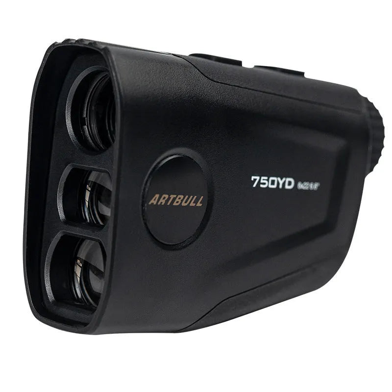 Golf laser rangefinder with LCD display showing distance measurement, USB Type-C charging port visible.