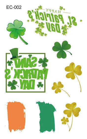 Irish festival temporary tattoo sticker with St. Patrick's Day shamrock design measuring 120×75mm