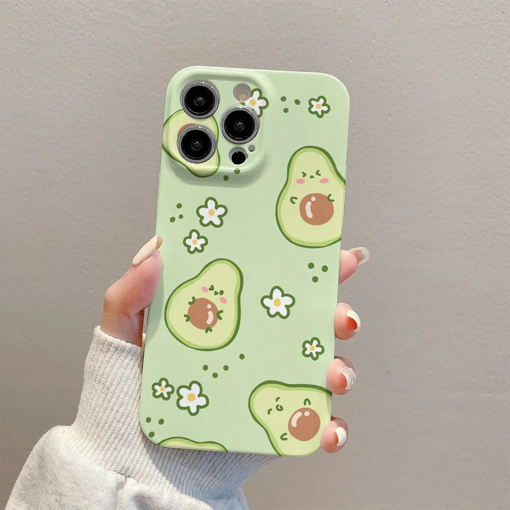Green avocado film shell iPhone case with floral thermal transfer design and all-inclusive shockproof cover