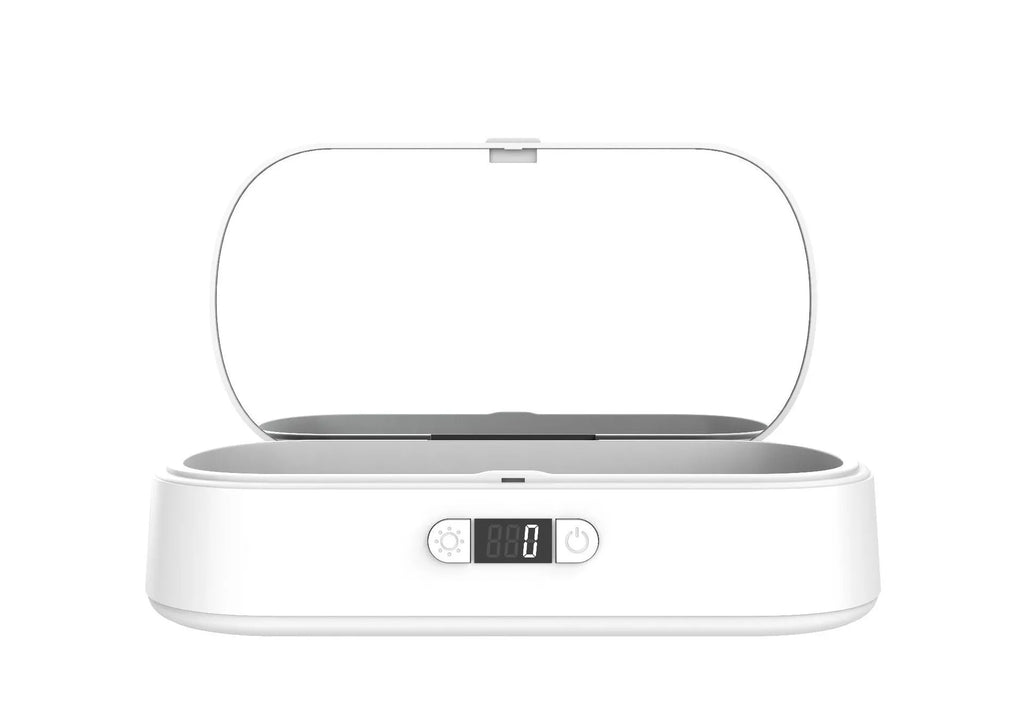 White ABS plastic wireless UV steriliser box with aromatherapy function for mobile phones and jewellery