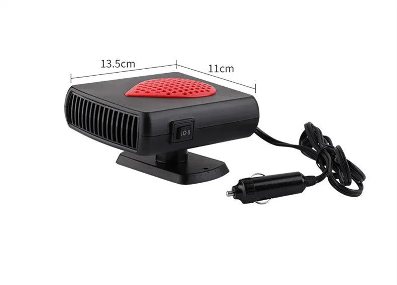 Car demister and defroster with quick-heat fan, 150W, 12V or 24V, black and red or black and grey.