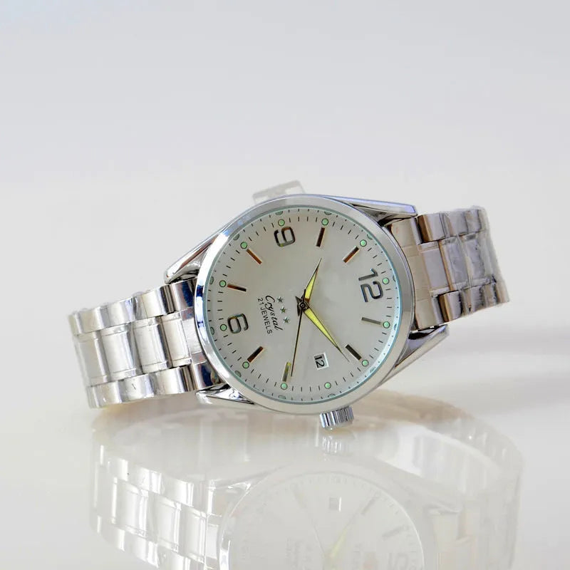 Men's automatic mechanical watch with 40.5mm dial, mineral glass, black dial, and pointer display