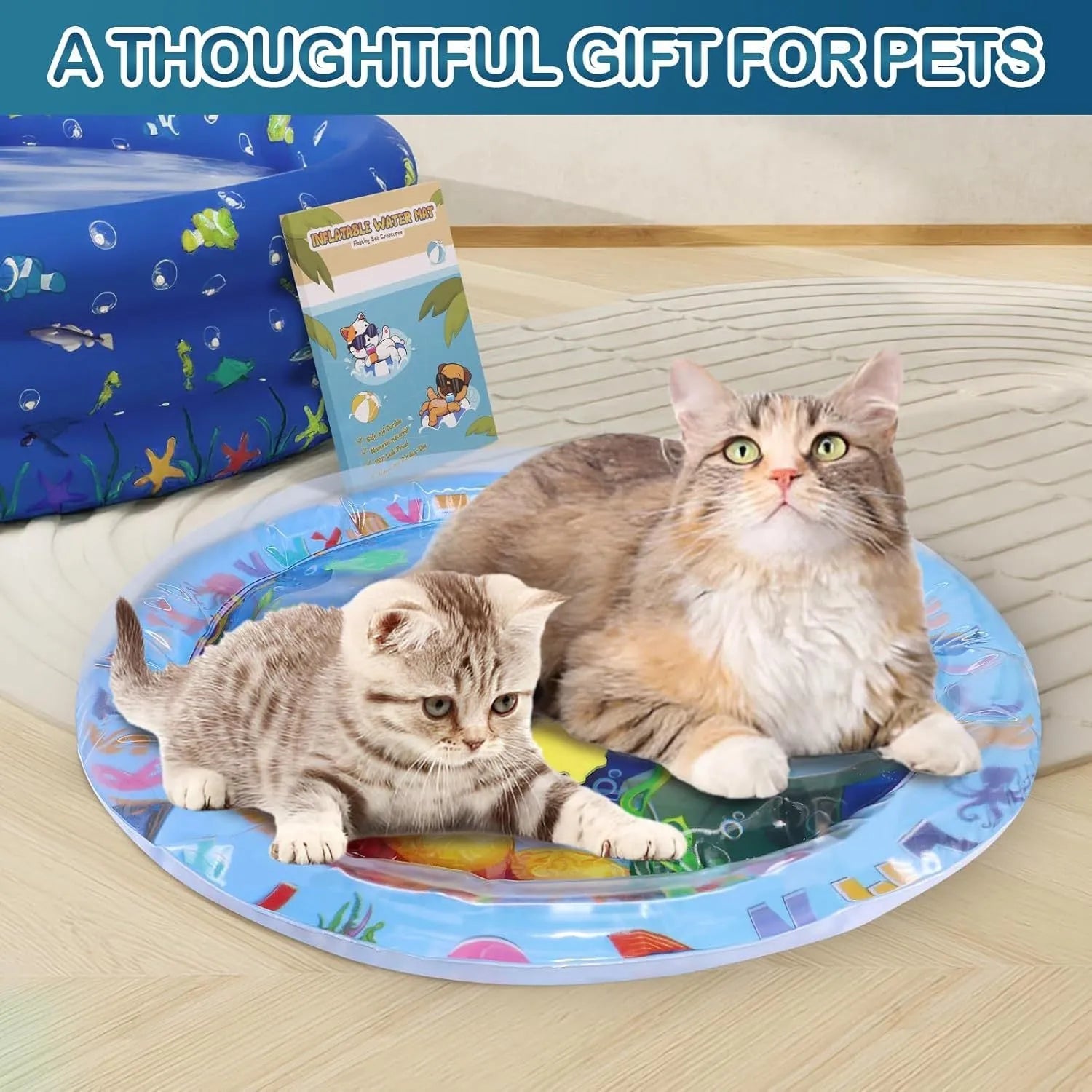Square blue water sensory playmat for cats with floating fish toys inside, shown inflated on a floor.
