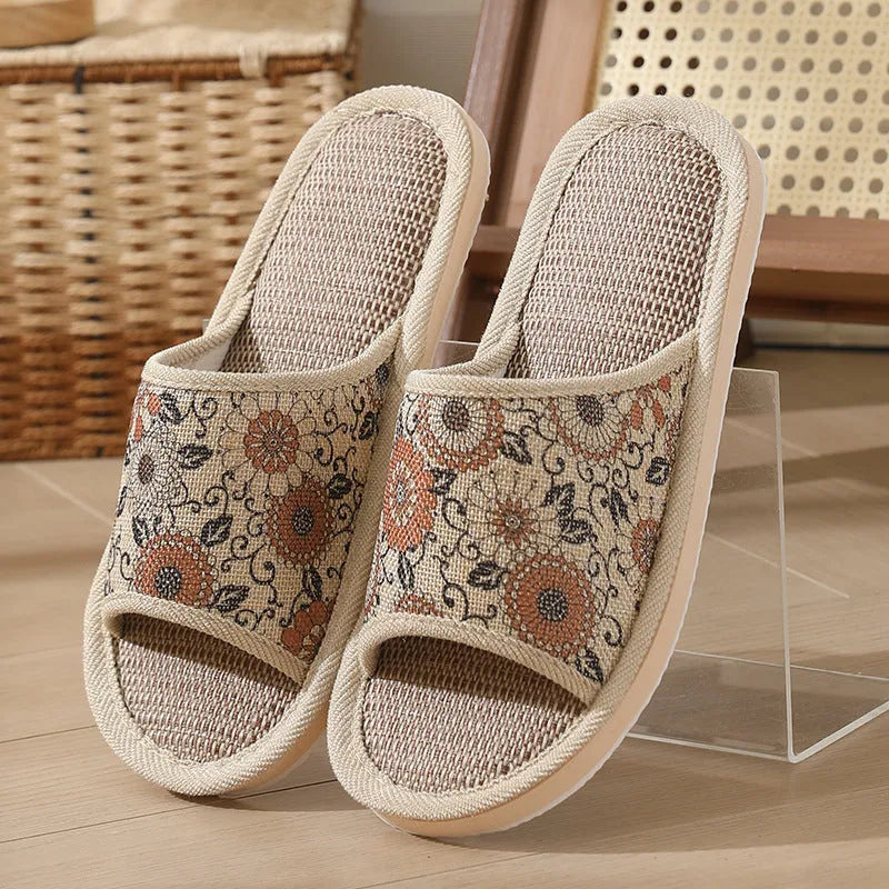 Women's open toe linen slippers in various colours with thickened sole design